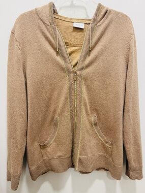 Chicos Gold Sparkle Hoodie Sweater Cardigan Matching Tee, Size 2, Large